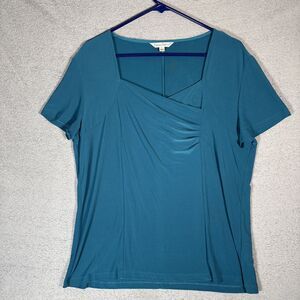 Travelsmith Top Women’s L Teal Blue Slinky Faux Wrap Square Neck Ruched Slinky